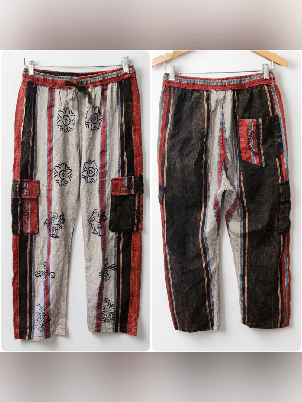 Bohemian Cargo Shyama Shama Pant Womens M Cotton Mushroom Floral Grey Red Multi